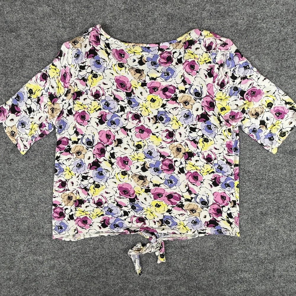Dana Buchman Shirt Large Colorful Floral Print Tie Front 3/4 Sleeve Rayon Top - Picture 10 of 11